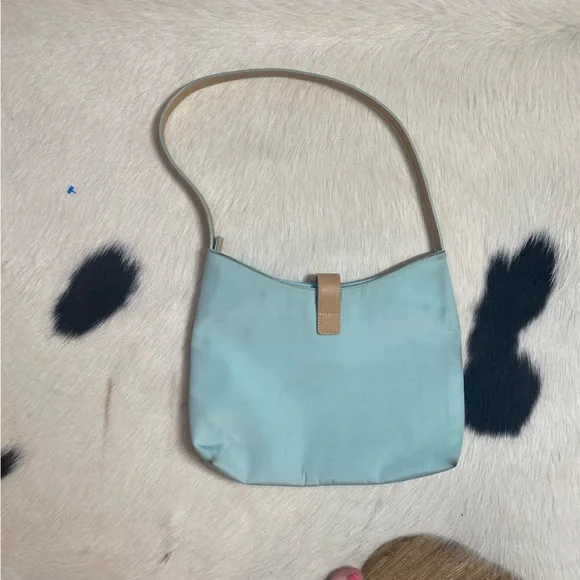 Lauren Ralph Lauren Turquoise Nylon Tan Leather Shoulder Handbag - Picture 6 of 9